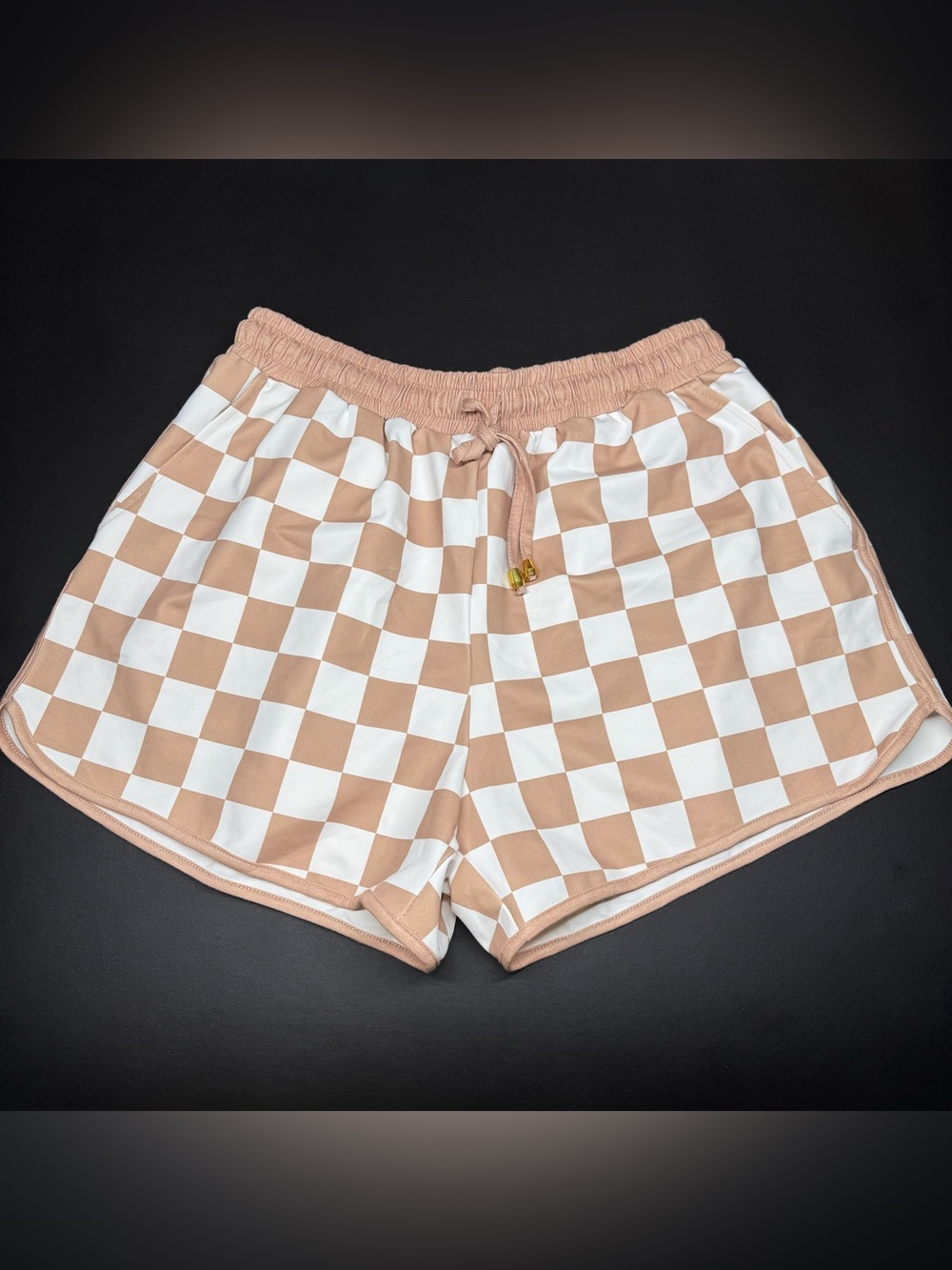 Checkered Drawstring Athletic Shorts in Beige & White